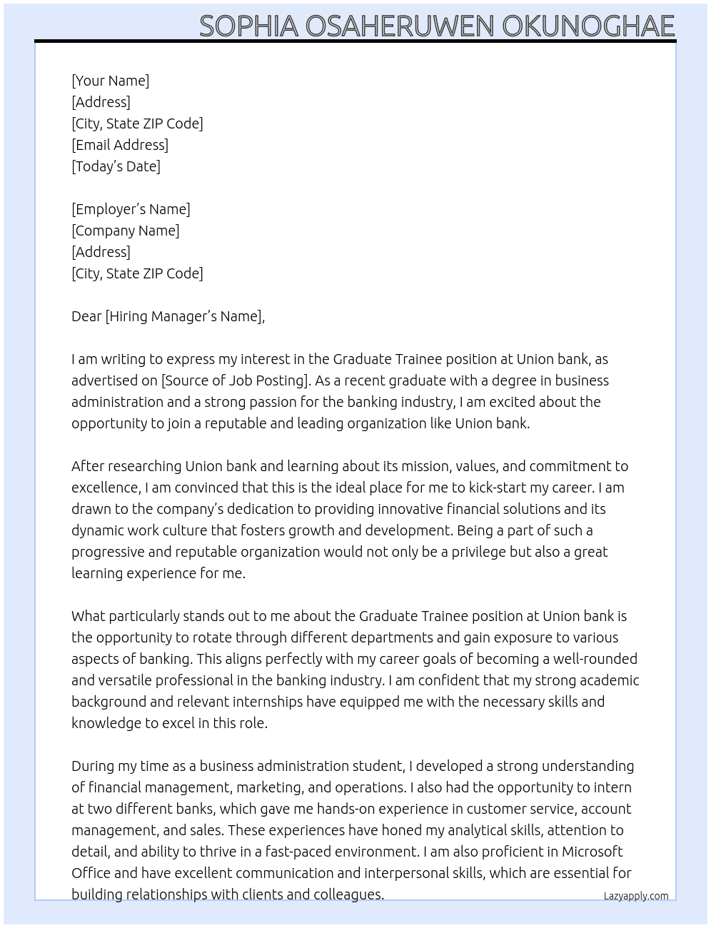 Graduate trainee At Union bank  Cover Letter