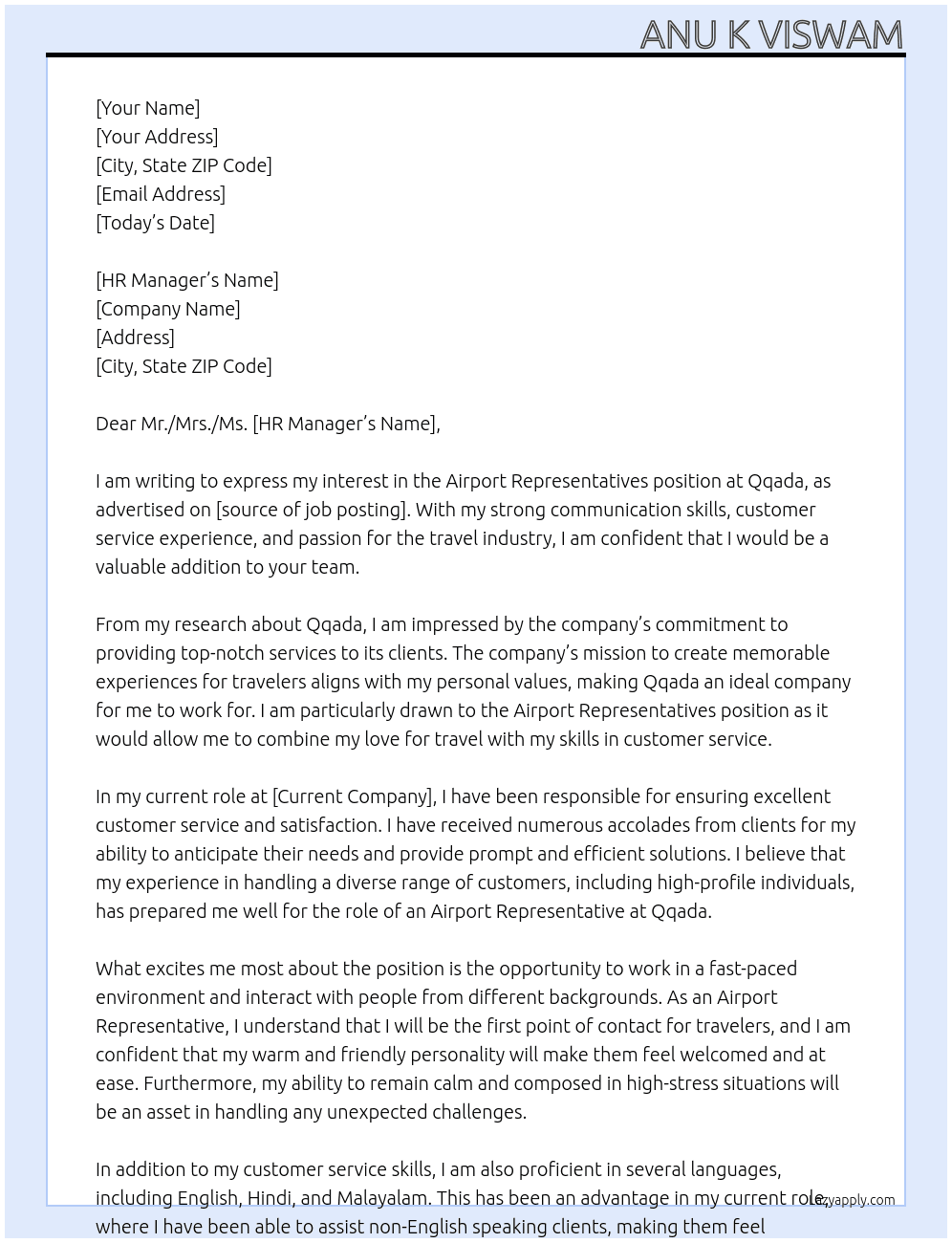 Airport Representatives  At Qqada Cover Letter