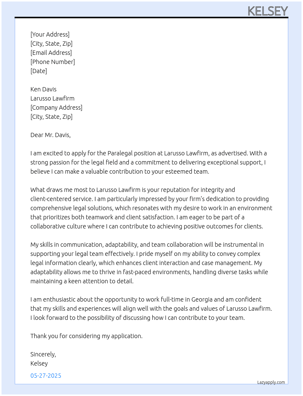 Paralegal  At Larusso Lawfirm  Cover Letter