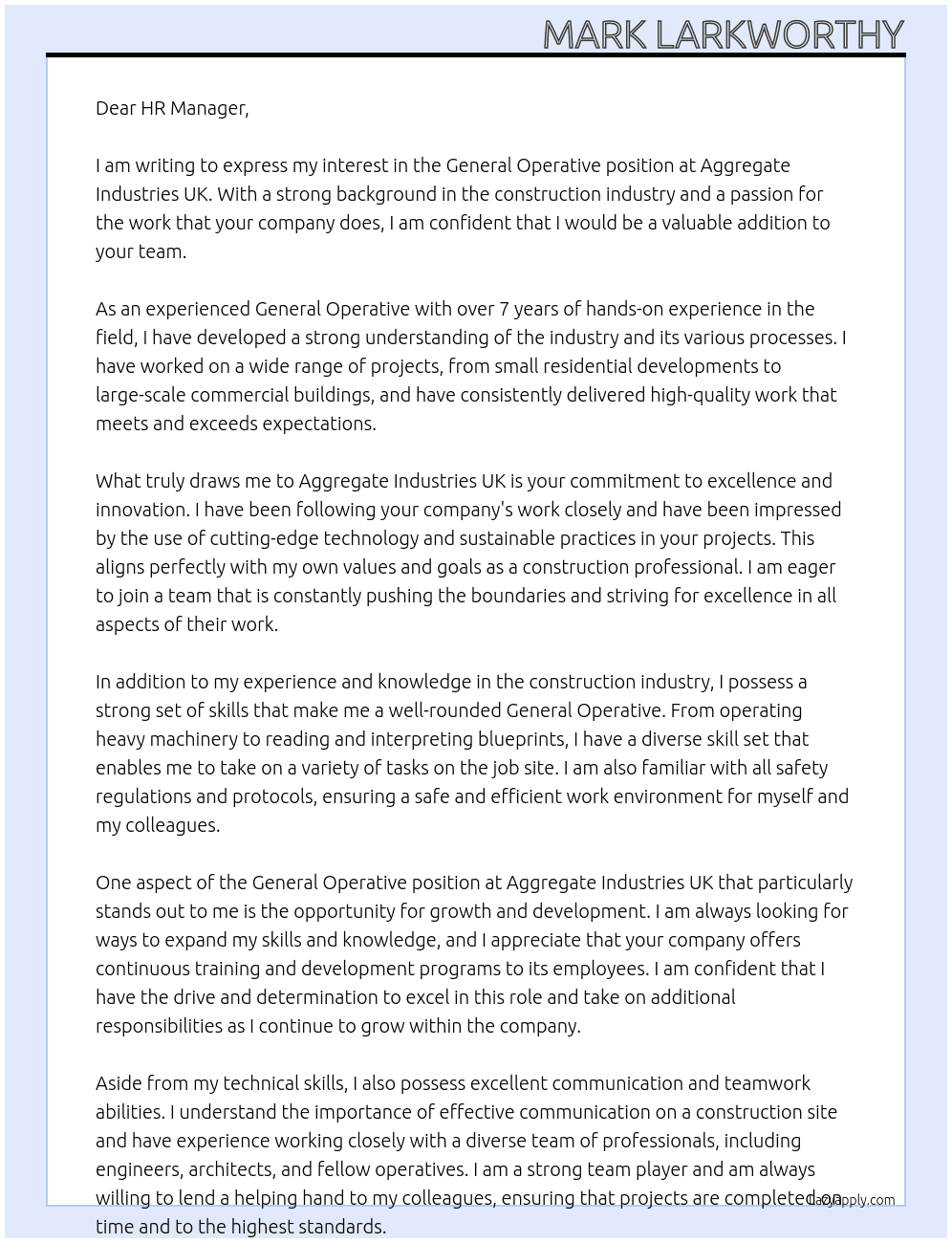 General Operative At Aggregate Industries UK Cover Letter