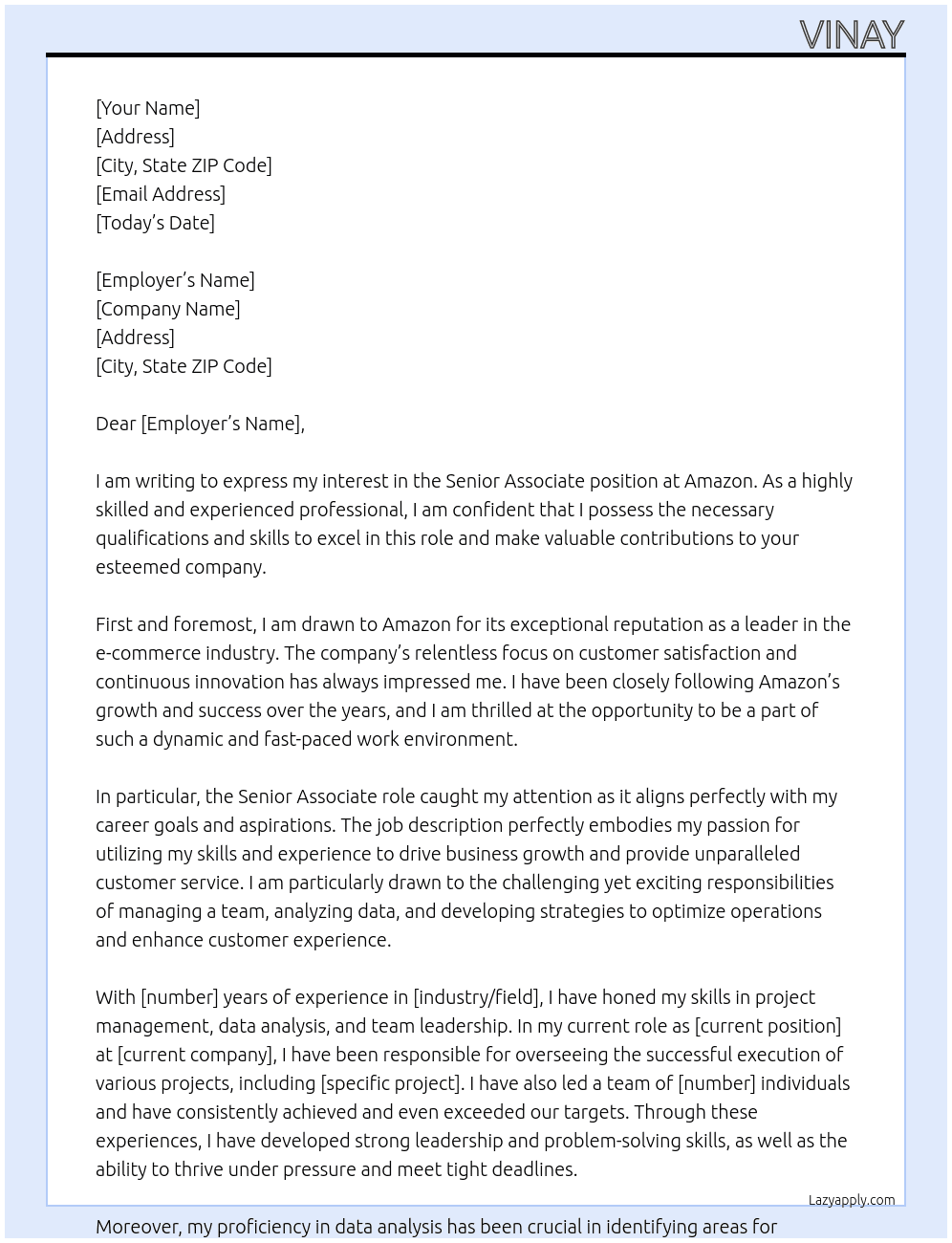 Senior associate At Amazon Cover Letter