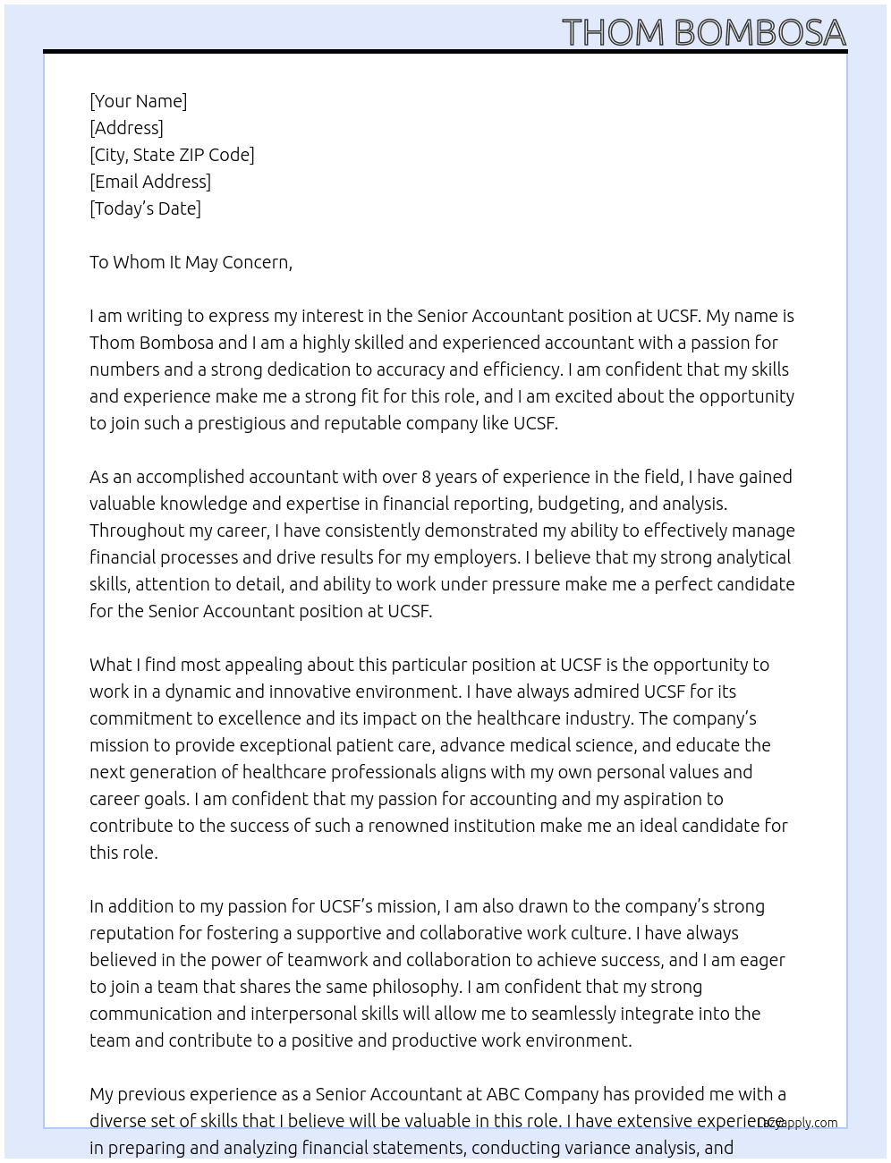 Senior Accountant At UCSF Cover Letter