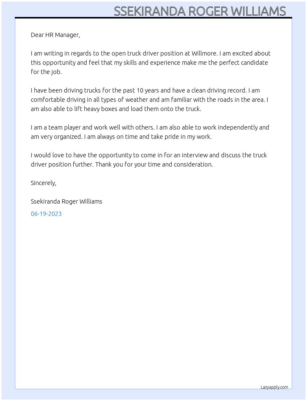 Truck driver At willmore Cover Letter