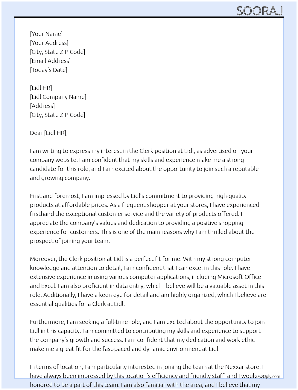 Clerk  At Lidl Cover Letter