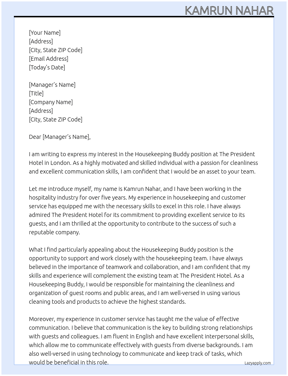 Housekeeping buddy At The President Hotel  Cover Letter