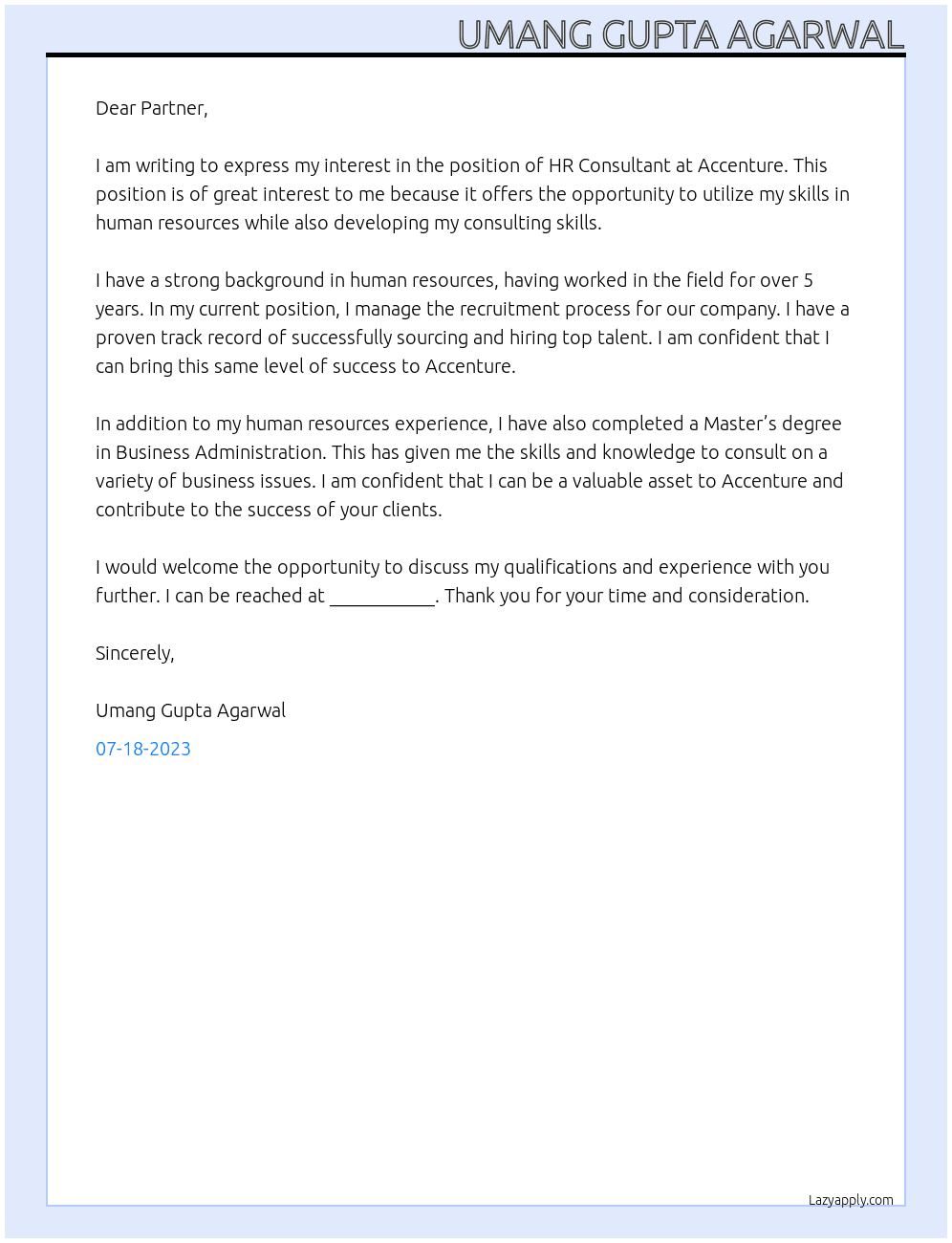 HR Consultant At Accenture Cover Letter