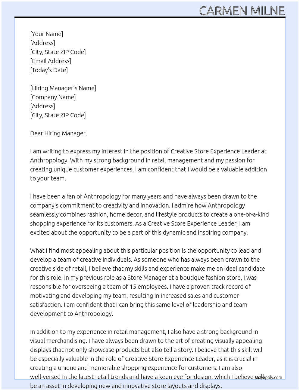  Creative Store Experience Leader At Anthropology  Cover Letter