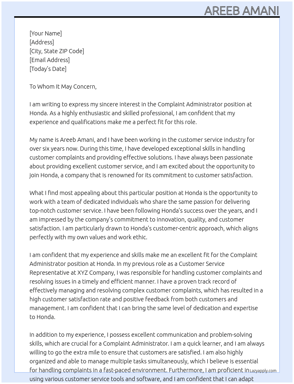 Complaint administrator At Honda Cover Letter