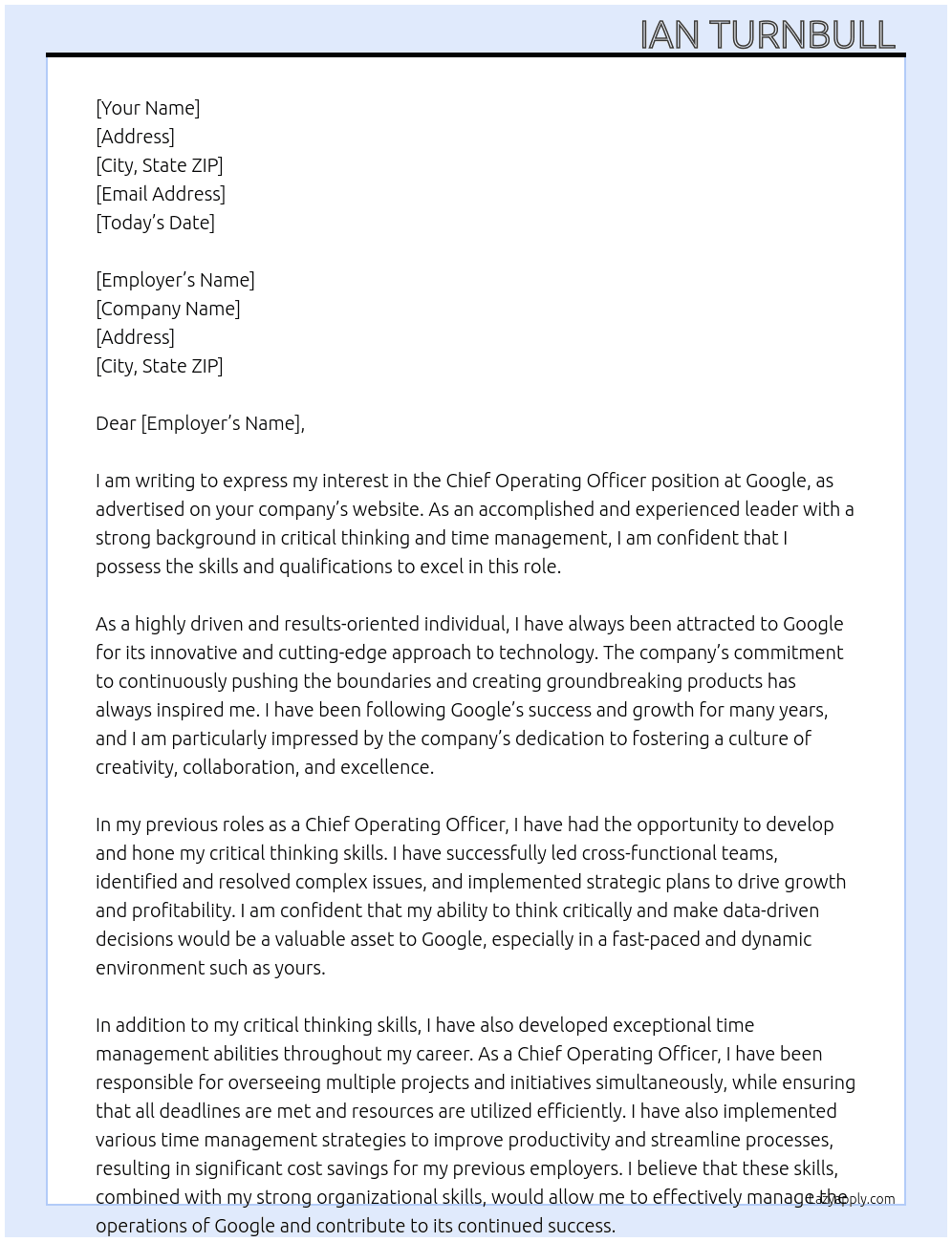 Chief operating officer  At Google Cover Letter