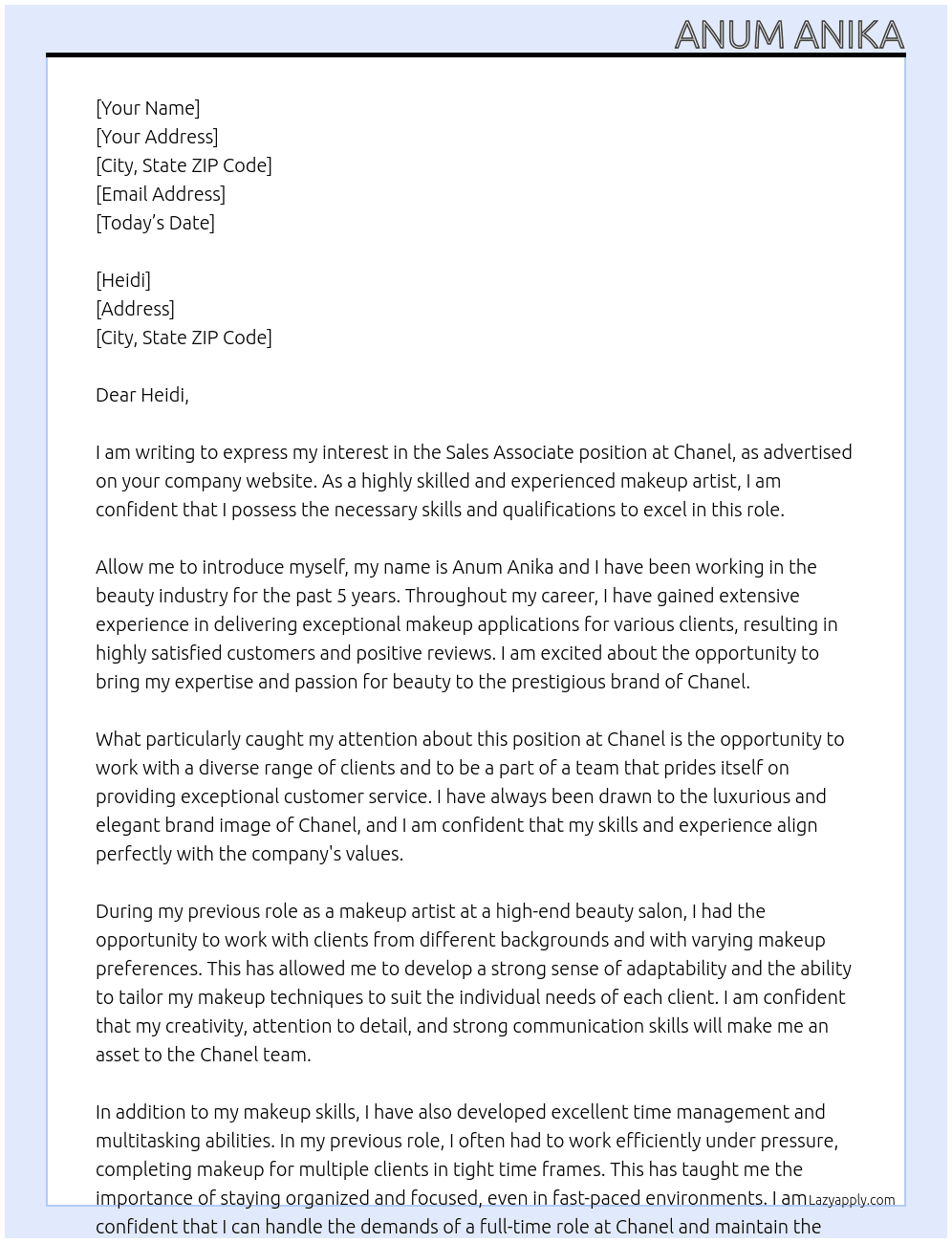 Sales associates  At Chanel Cover Letter