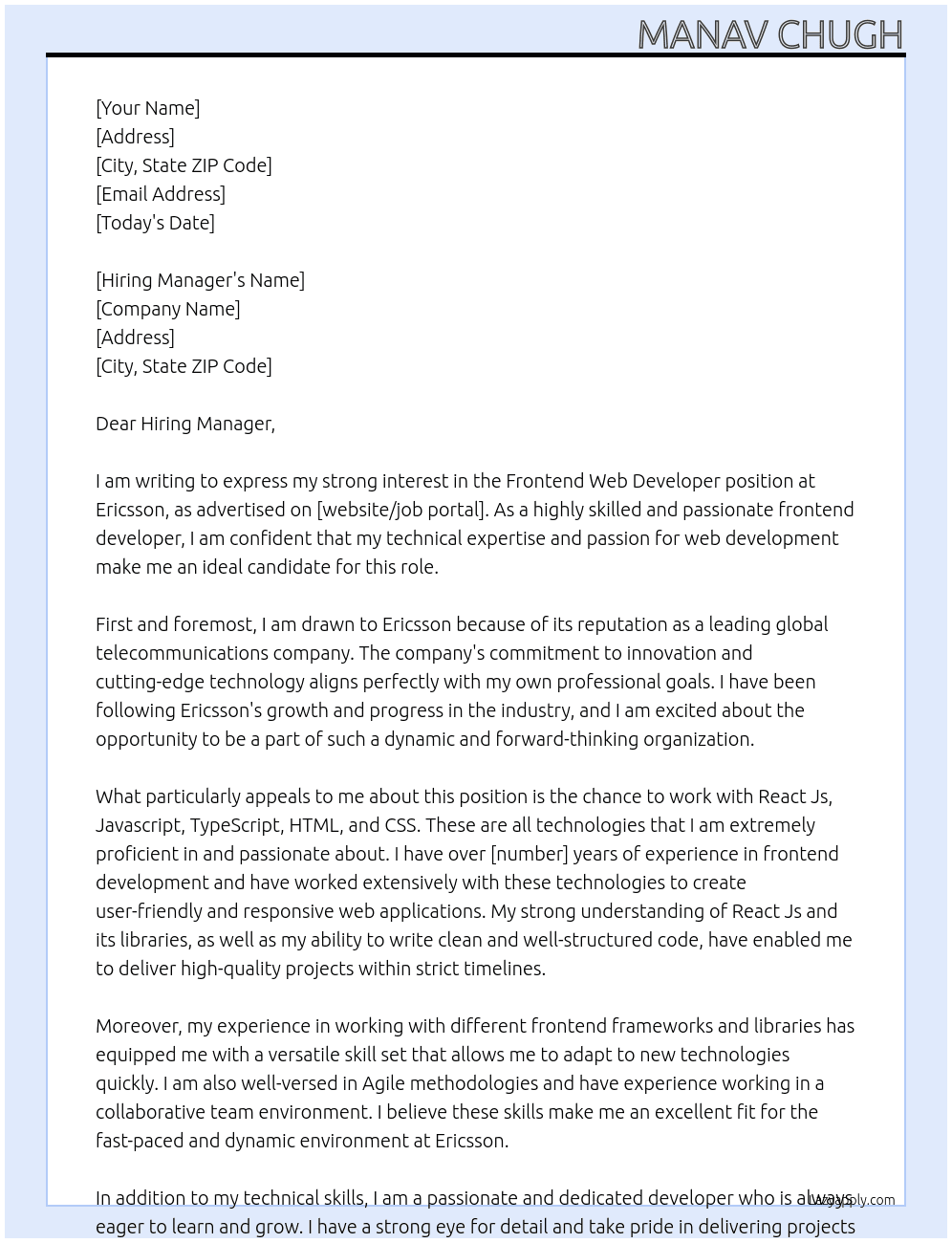 Frontend Web Developer At Ericsson Cover Letter