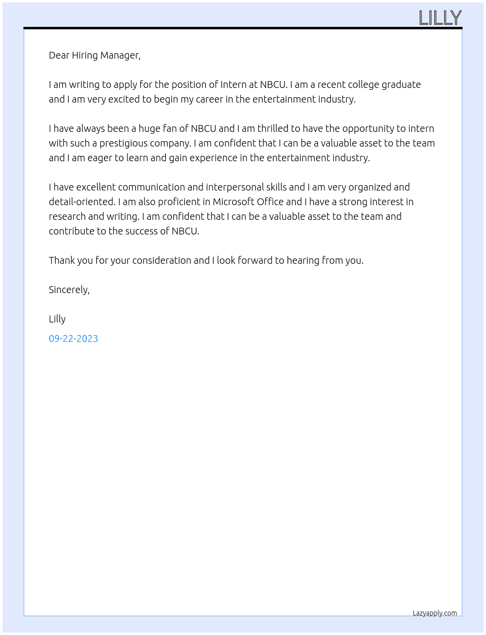 Intern  At NBCU  Cover Letter