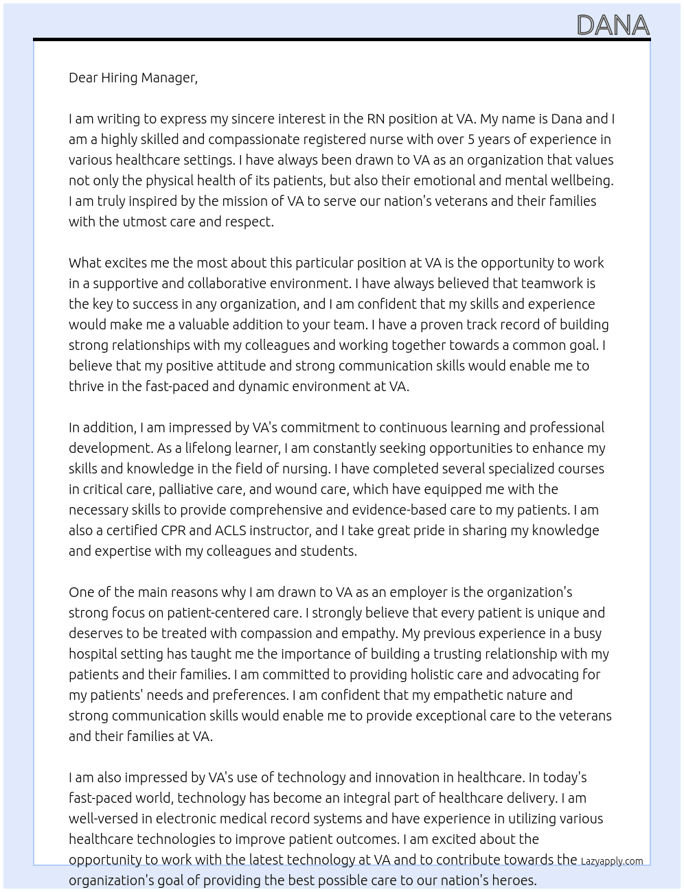 RN At VA Cover Letter