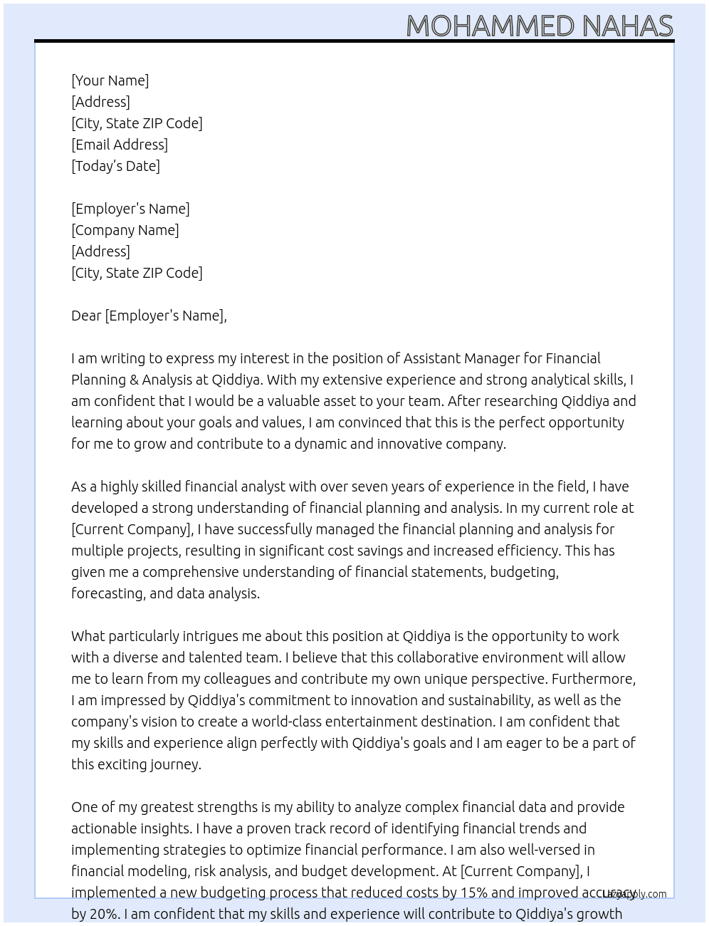 Assistant Manager - Financial Planning & Analysis At Qiddiya Cover Letter