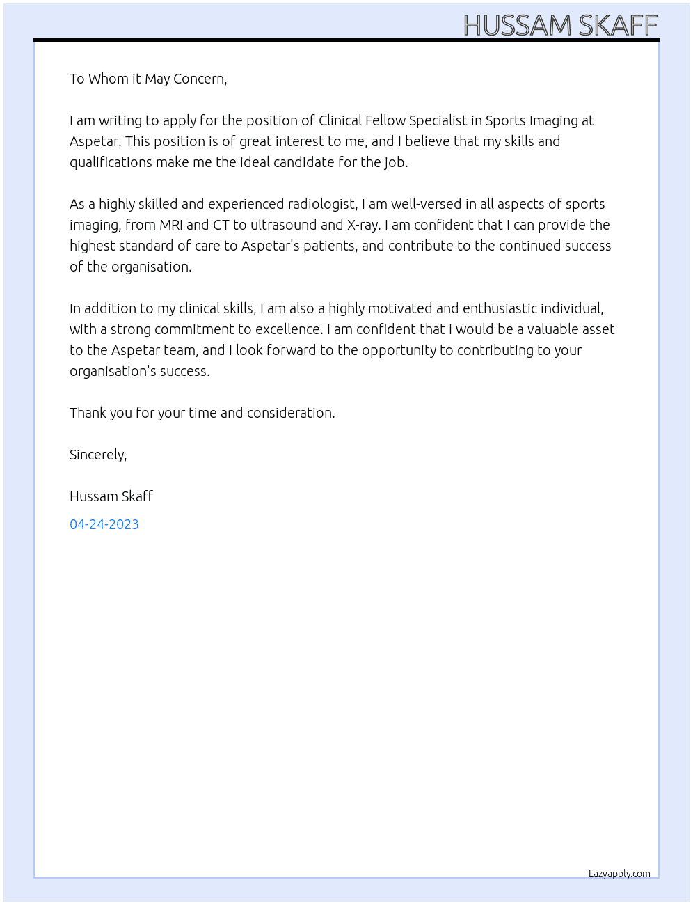 Clinical Fellow Specialist in Sports Imaging At Aspetar Cover Letter