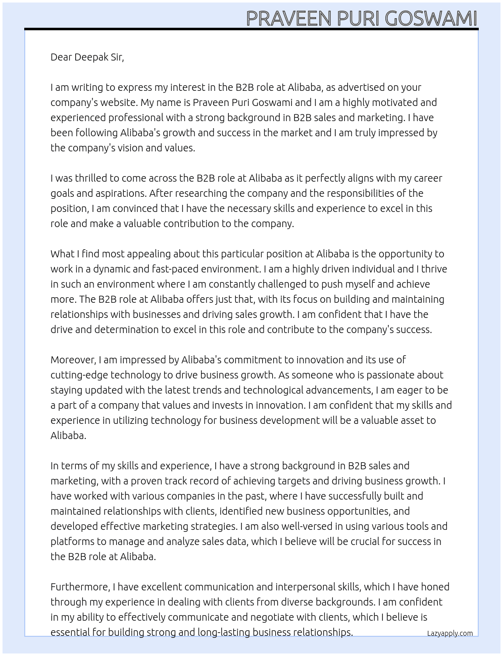 B2B role At Alibaba Cover Letter