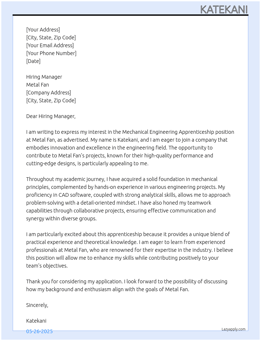 Cover letter for mechanical engineering apprenticeship - LazyApply