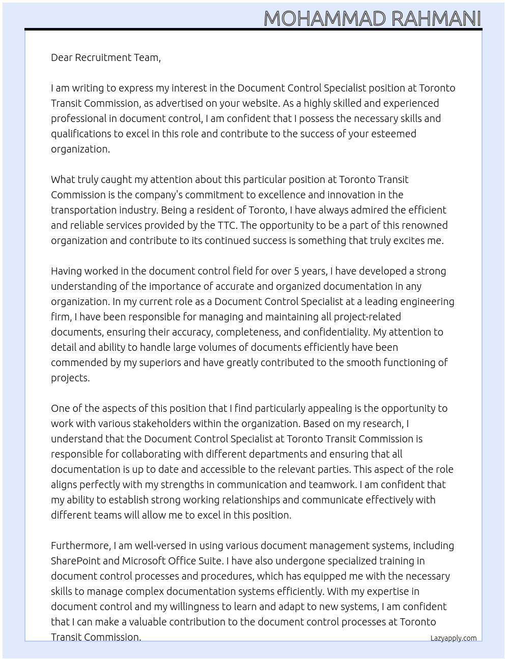 Document Control Specialist  At Toronto Transit Commission Cover Letter