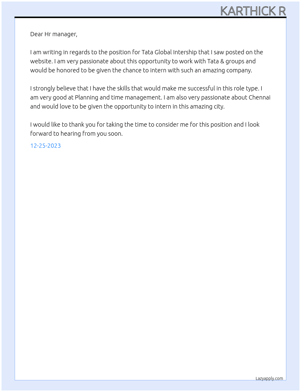 Tata Global Intership  At Tata & groups Cover Letter