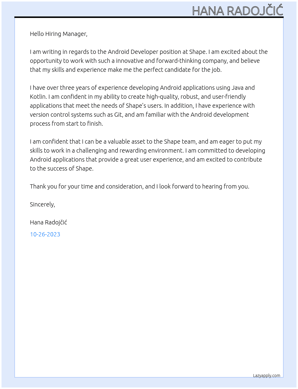 Android Developer At Shape Cover Letter