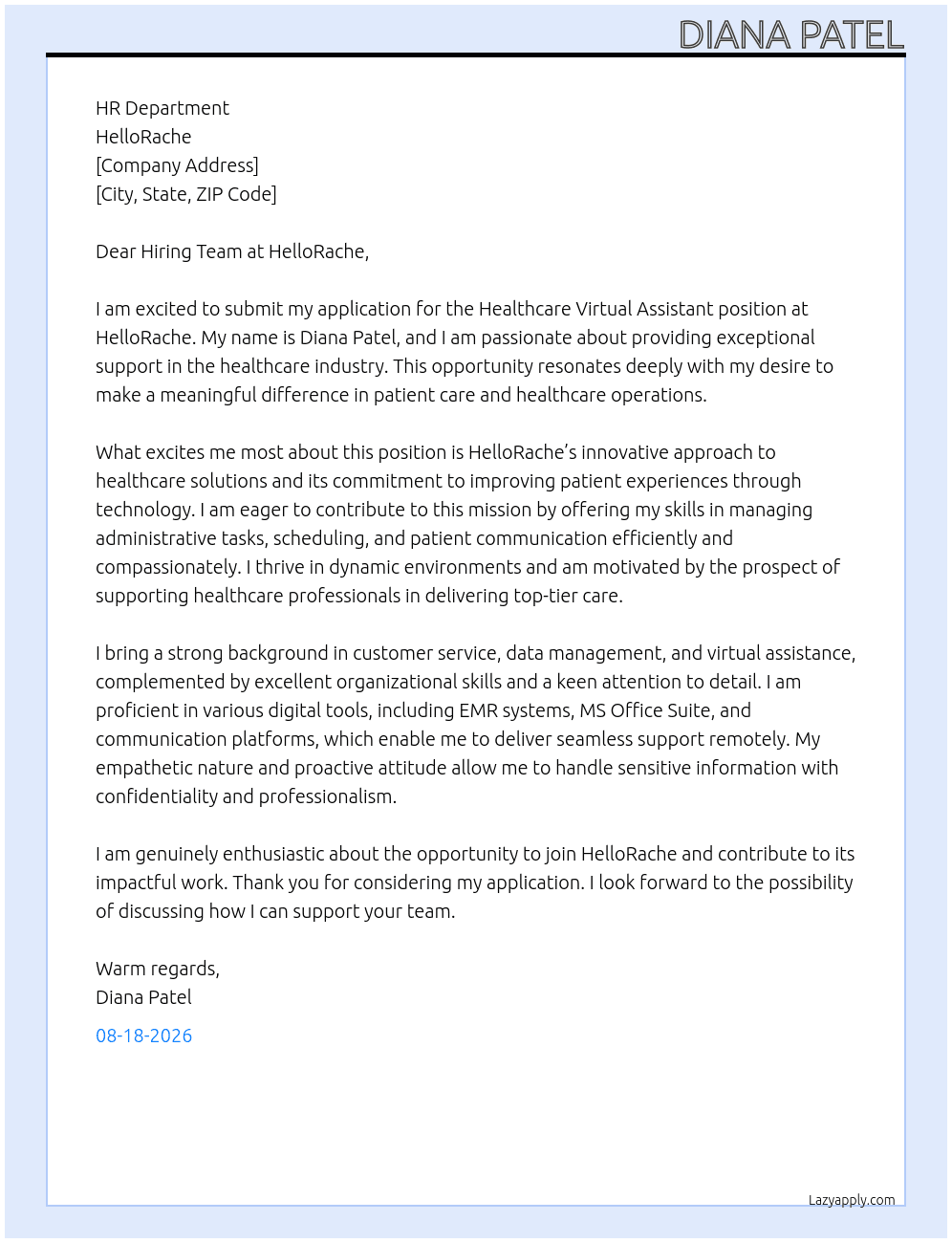 Cover letter for healthcare virtual assistant - LazyApply