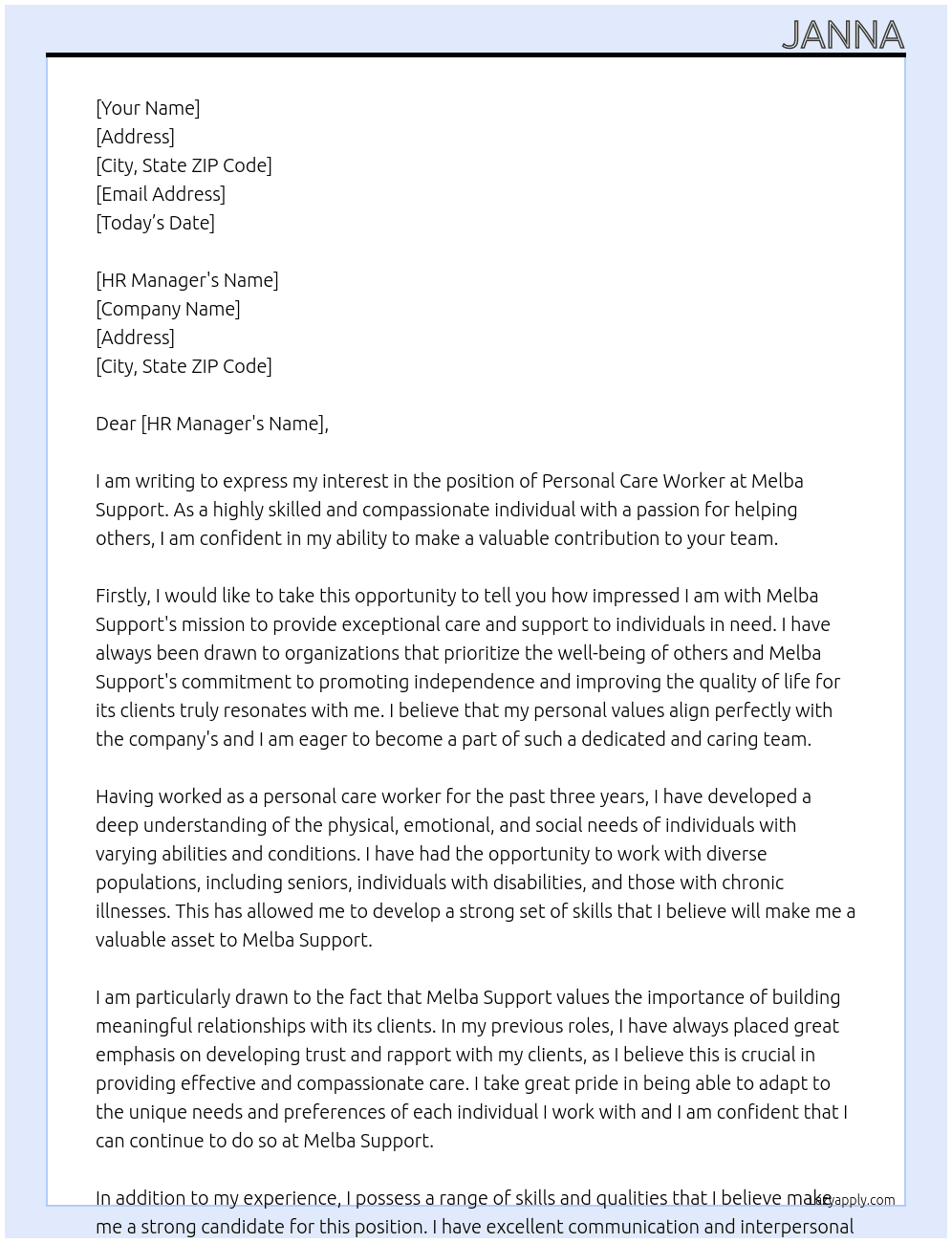 personal care worker At melba support Cover Letter