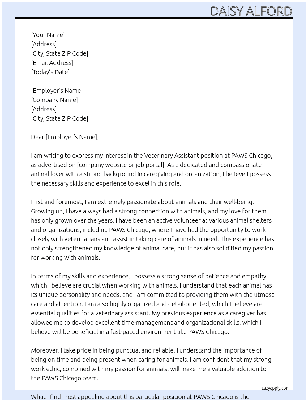 Veterinary assistant  At PAWS Chicago Cover Letter