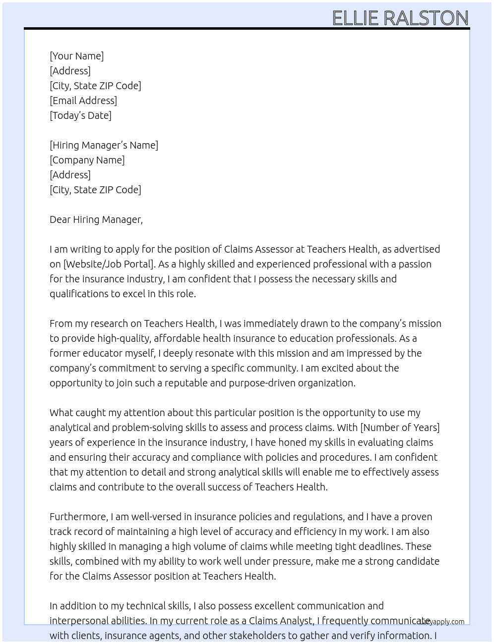 Claims Assessor At Teachers Health Cover Letter