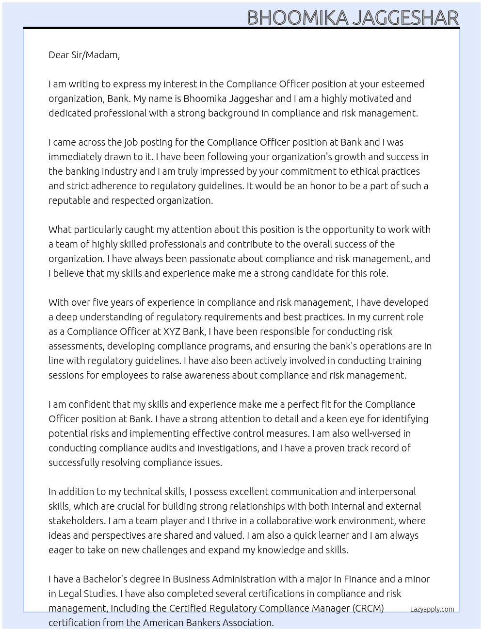 Compliance officer  At Bank Cover Letter