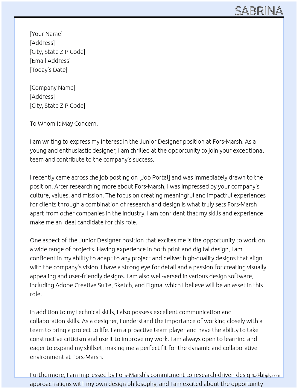 Junior Designer At Fors-Marsh Cover Letter