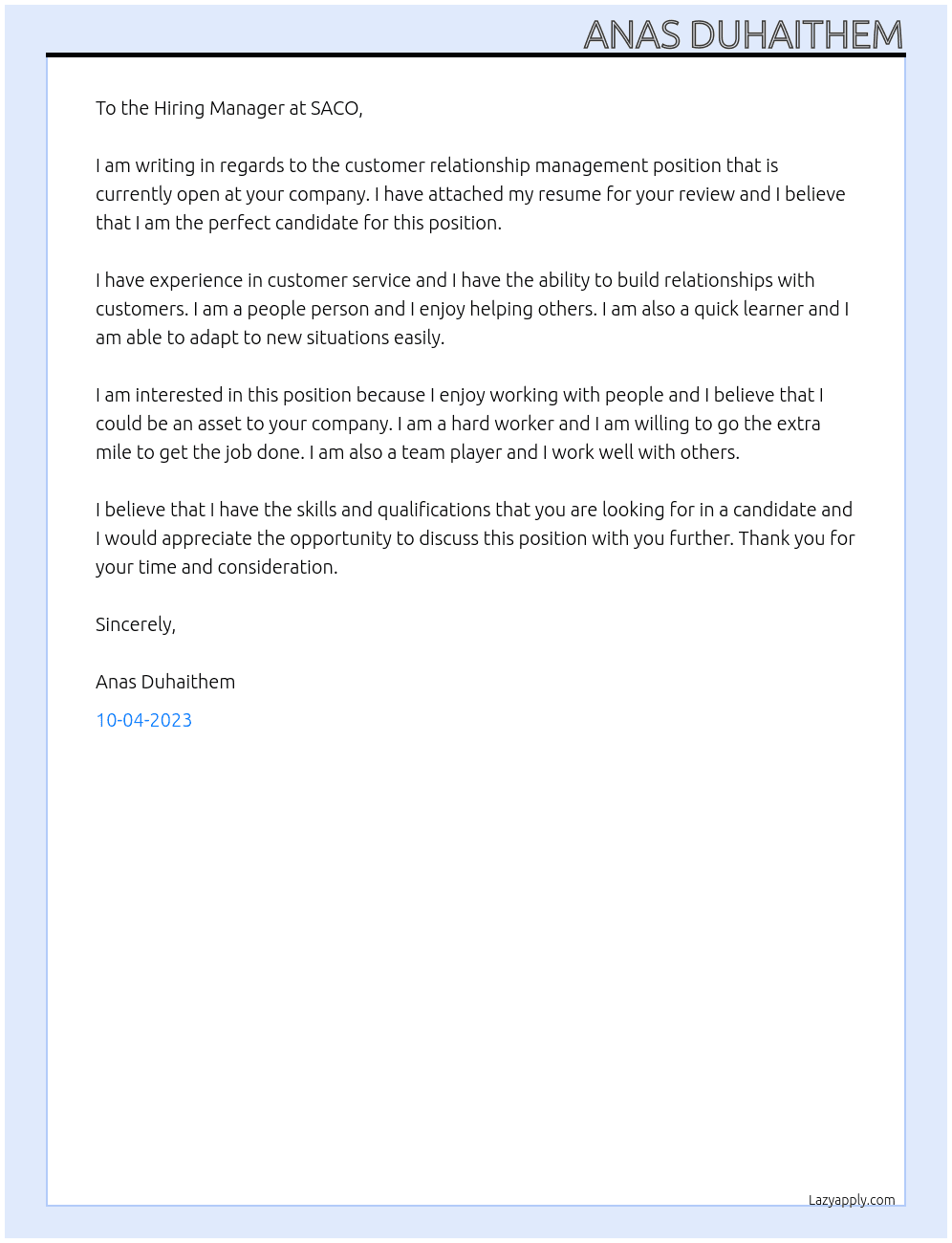 customer relationship management At SACO Cover Letter