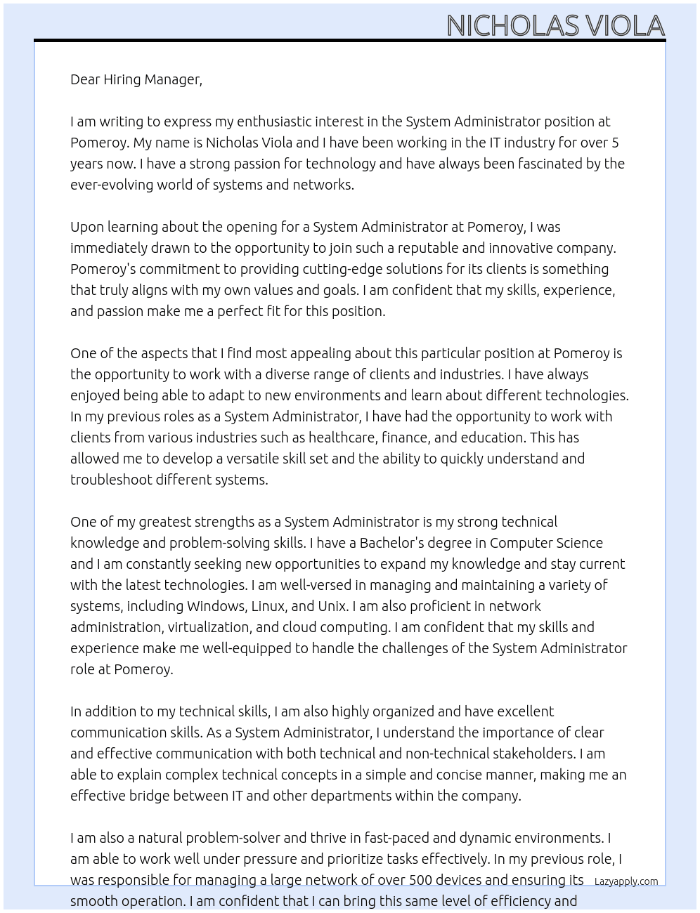 System Administrator At Pomeroy Cover Letter