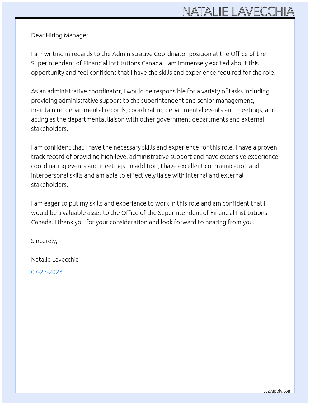 Administrative Coordinator At Office of the Superintendent of Financial Institutions Canada Cover Letter