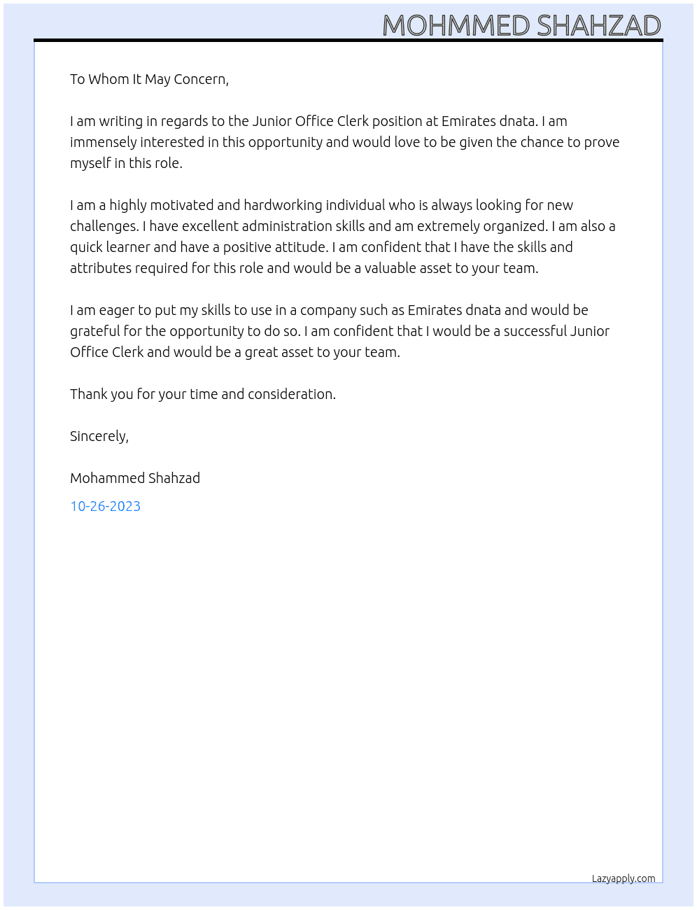 Junior office clerk  At Emirates dnata Cover Letter