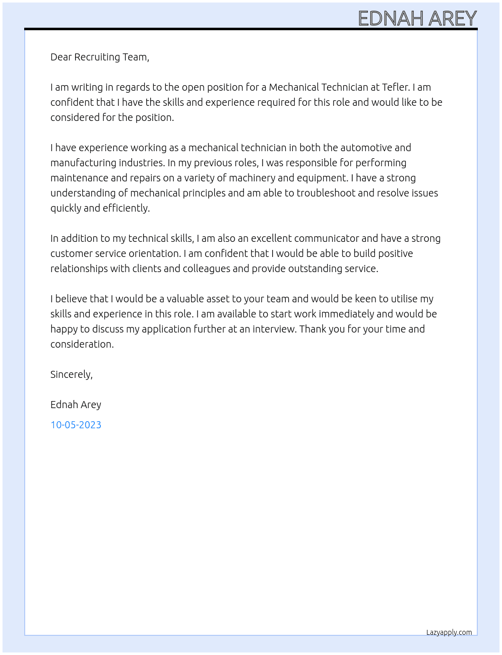 Mechanical Technician At Tefler Cover Letter