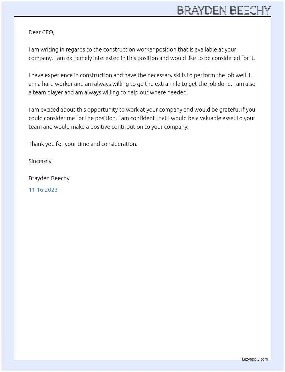 Construction worker At apprentice Cover Letter
