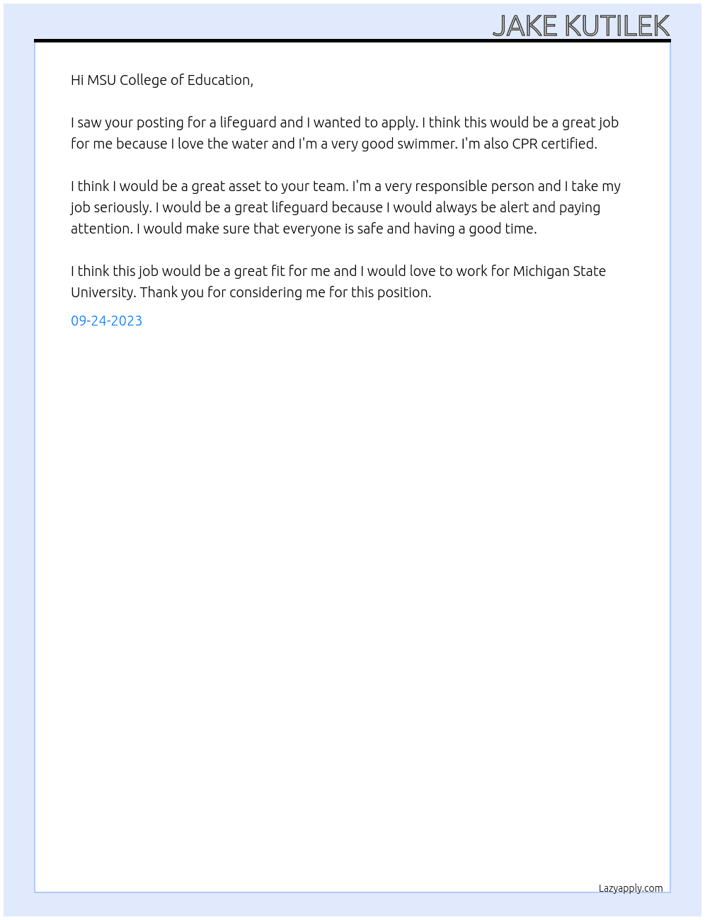 Lifeguard At Michigan State University Cover Letter