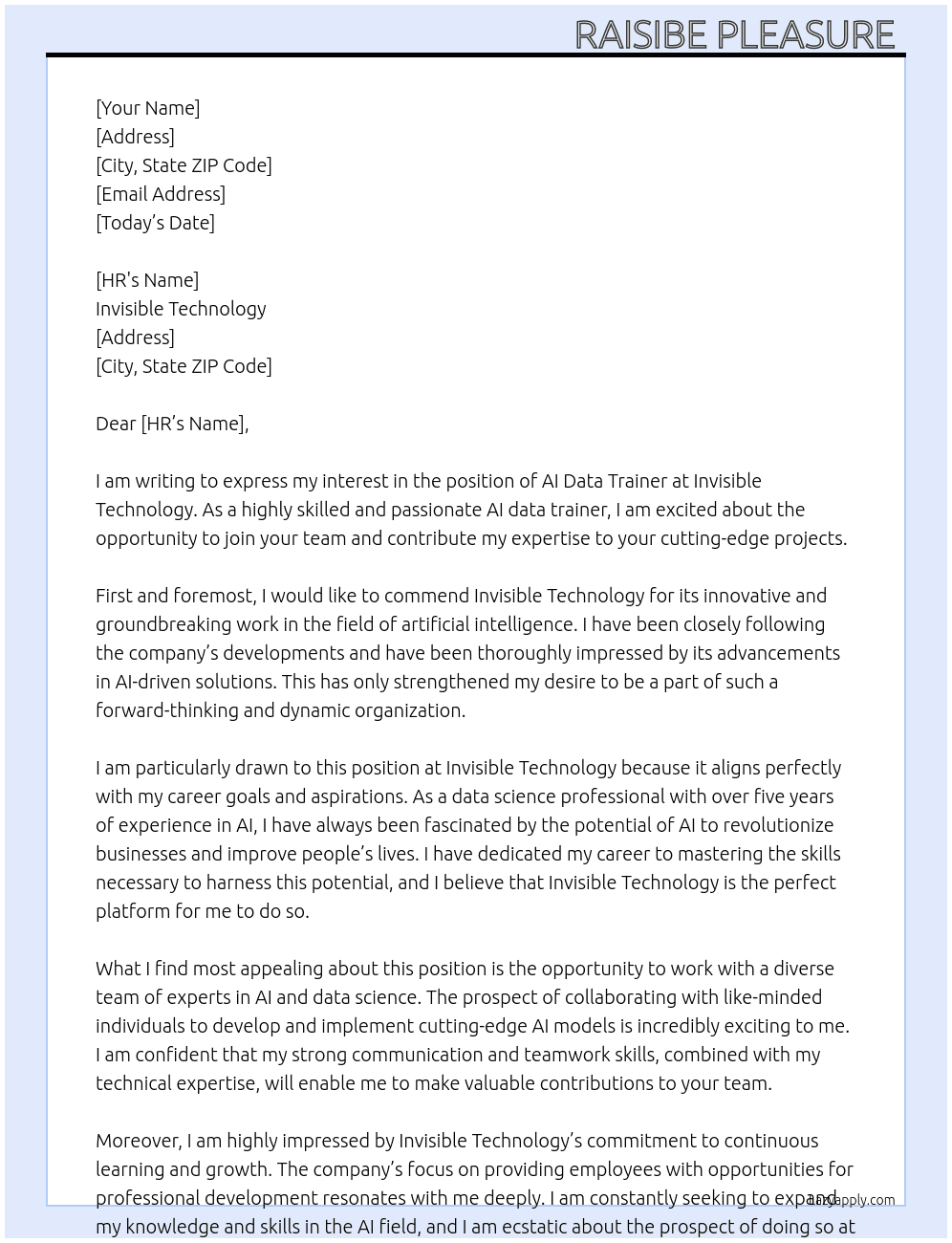 AI data trainer At Invisible Technology  Cover Letter