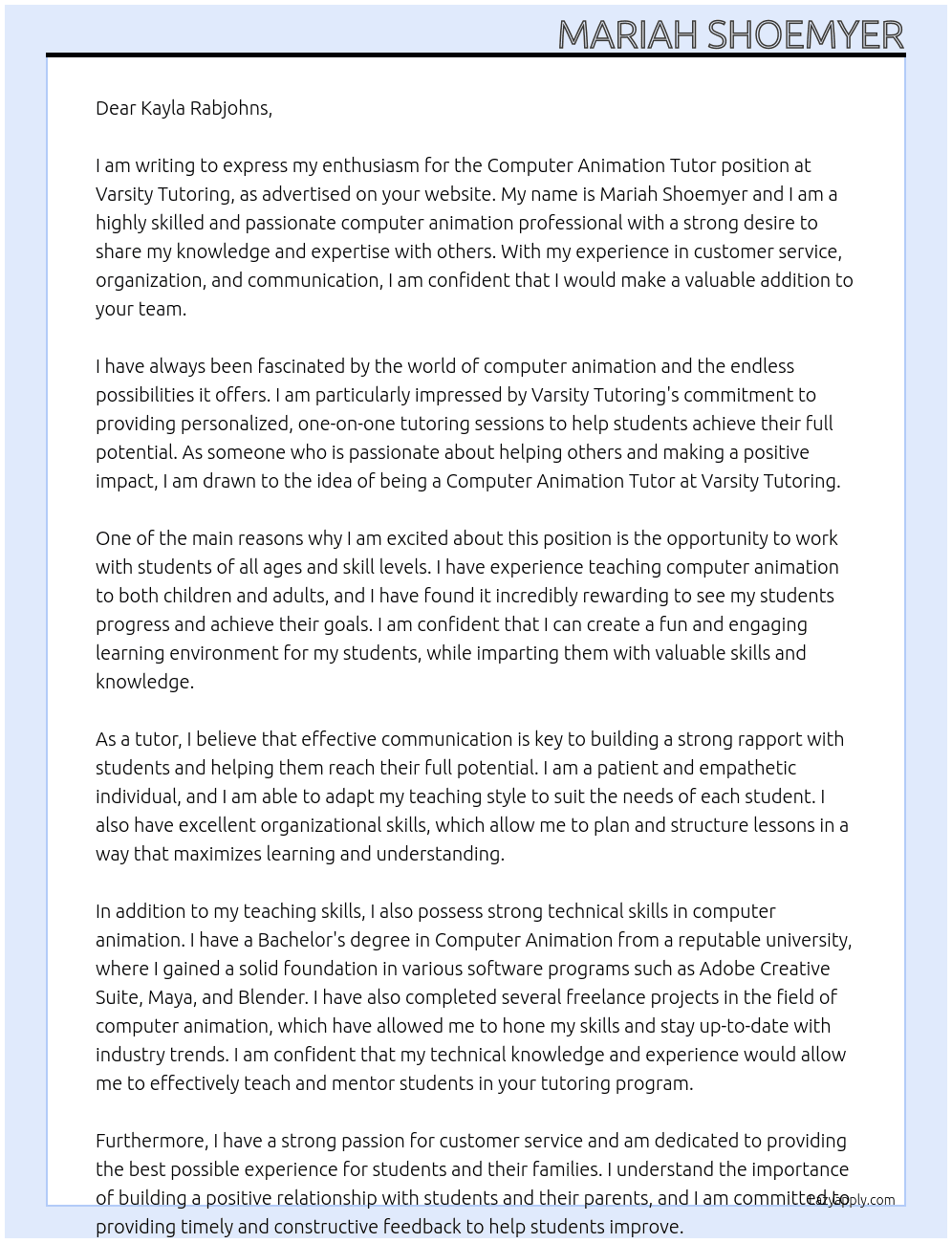 Computer Animation Tutor At Varsity Tutoring Cover Letter