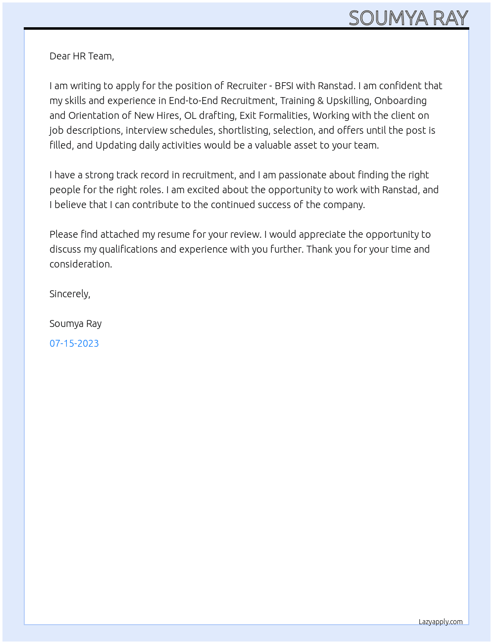 Recruiter - BFSI At Ranstad Cover Letter