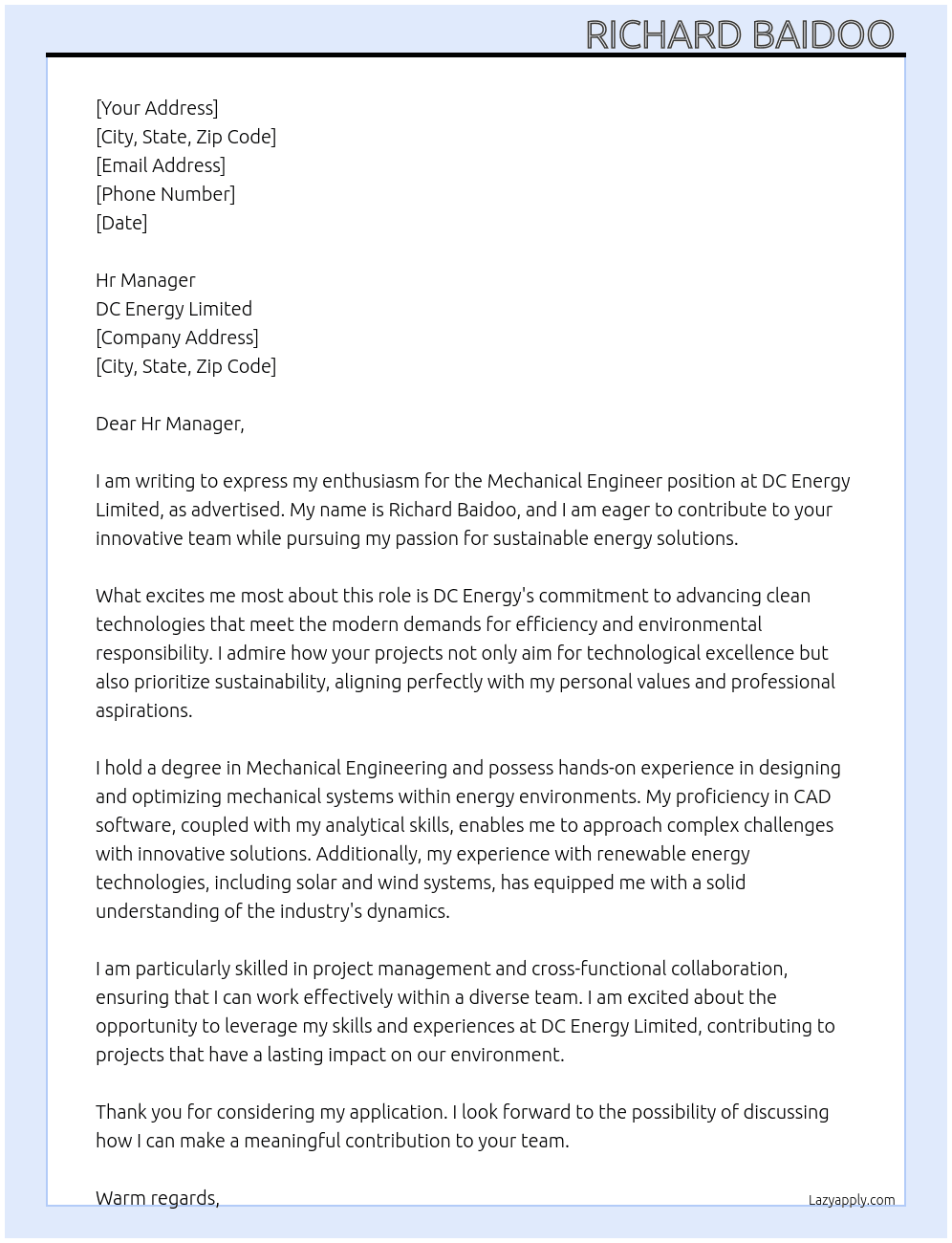 Mechanical engineer  At DC Energy limited  Cover Letter