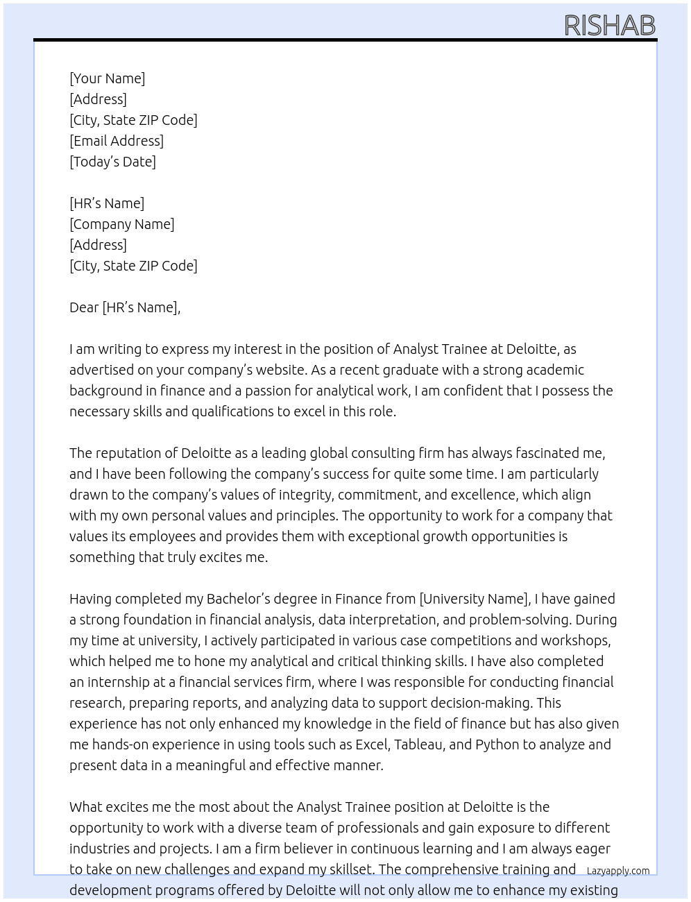 Analyst Trainee At Delloite Cover Letter