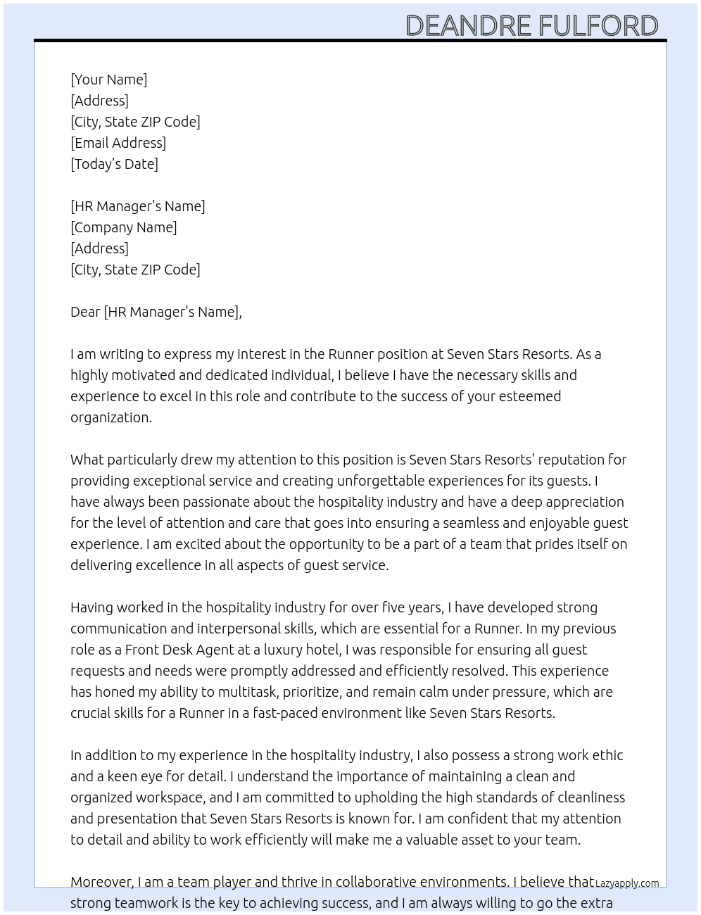 Runner At Seven Stars Resorts Cover Letter