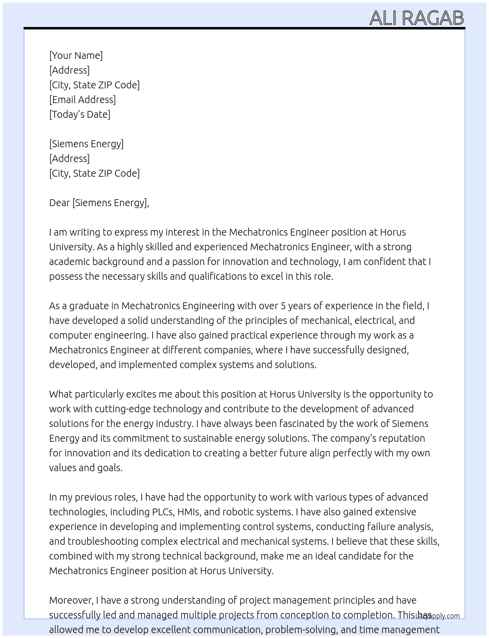 Mechatronics Engineer At horus-university Cover Letter