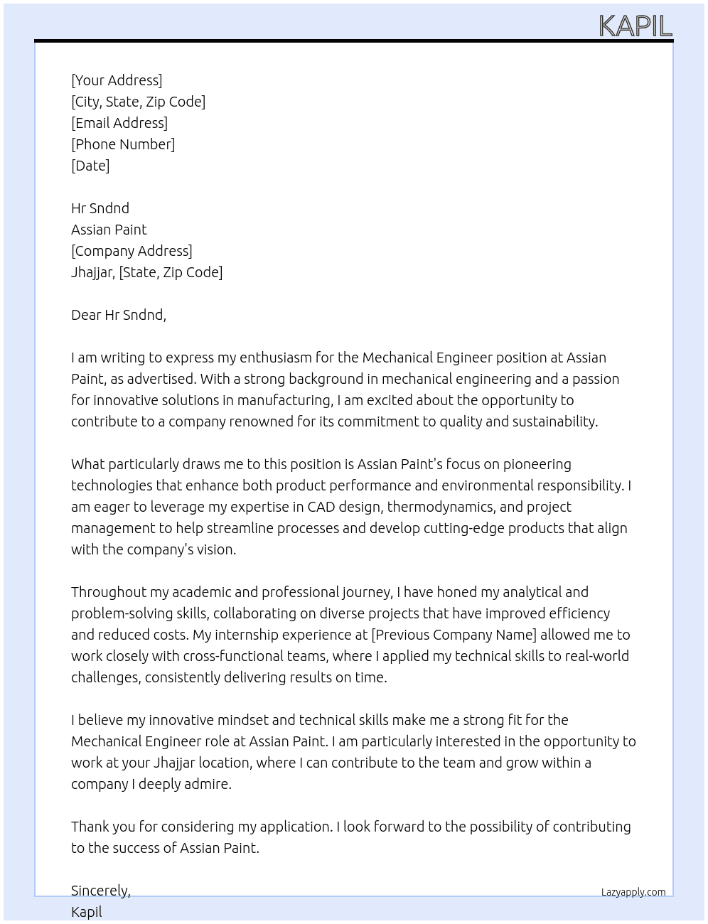 Mechanical Engineer  At Assian paint Cover Letter