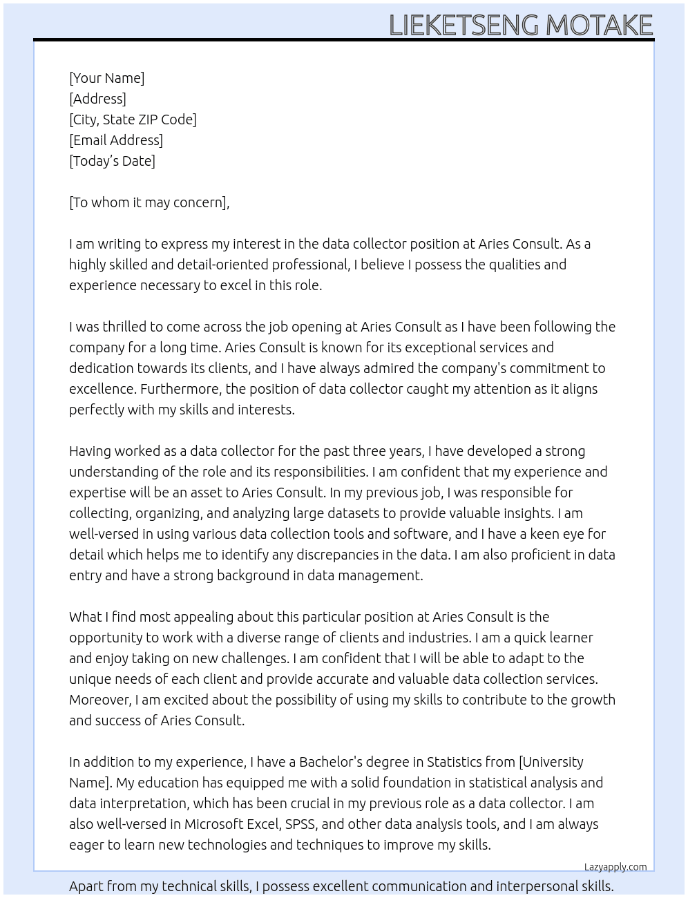 data collector At Aries Consult Cover Letter