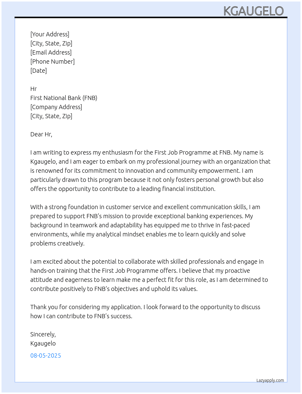 First Job programme  At FNB Cover Letter