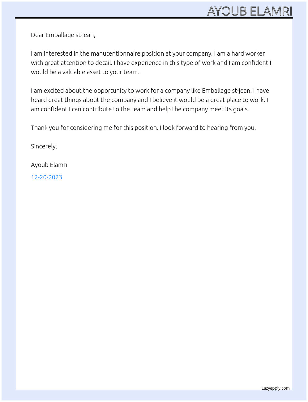 Manutentionnaire  At Emballage st-jean Cover Letter