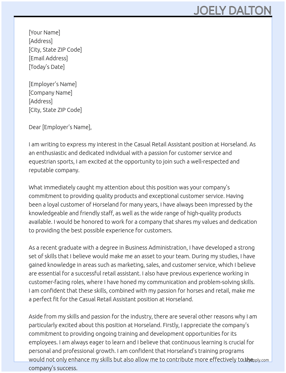 Casual retail assistant  At Horseland  Cover Letter