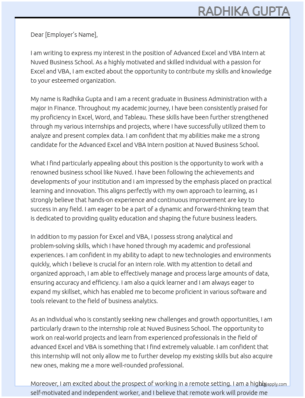 Advance Excel and VBA At Nuved Business School Cover Letter